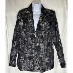 Tanjay Black & Silver Metallic Floral Textured Zip-Up Blazer Jacket - Size 14